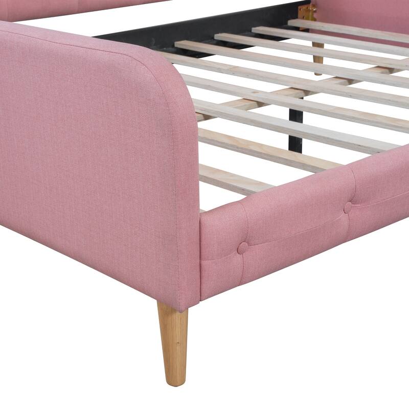 Full Size Upholstered Dayed with 4 Support Legs, Solid Wood Bed Frame W/Button-Tufting Backrest & Armrests, No Box Spring Needed
