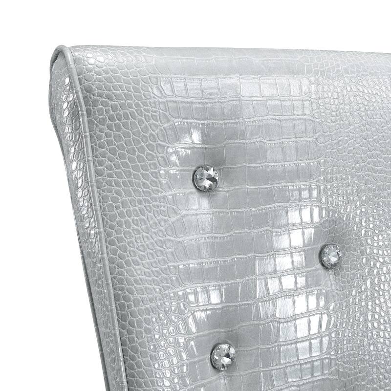 A set of 2 vintage crocodile leather cushioned dining chairs, featuring crystal clasp design and artificial leather design