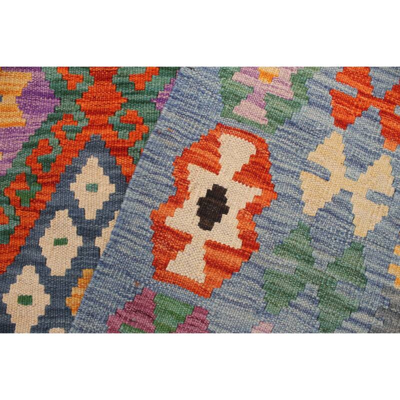 Southwestern Turkish Kilim Flo Rust Blue Hand-Woven Wool Rug - 8'2'' x 9'6''