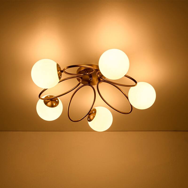 Modern 5-Light Opal Glass Ring Metal Semi Flush Mount Ceiling Light