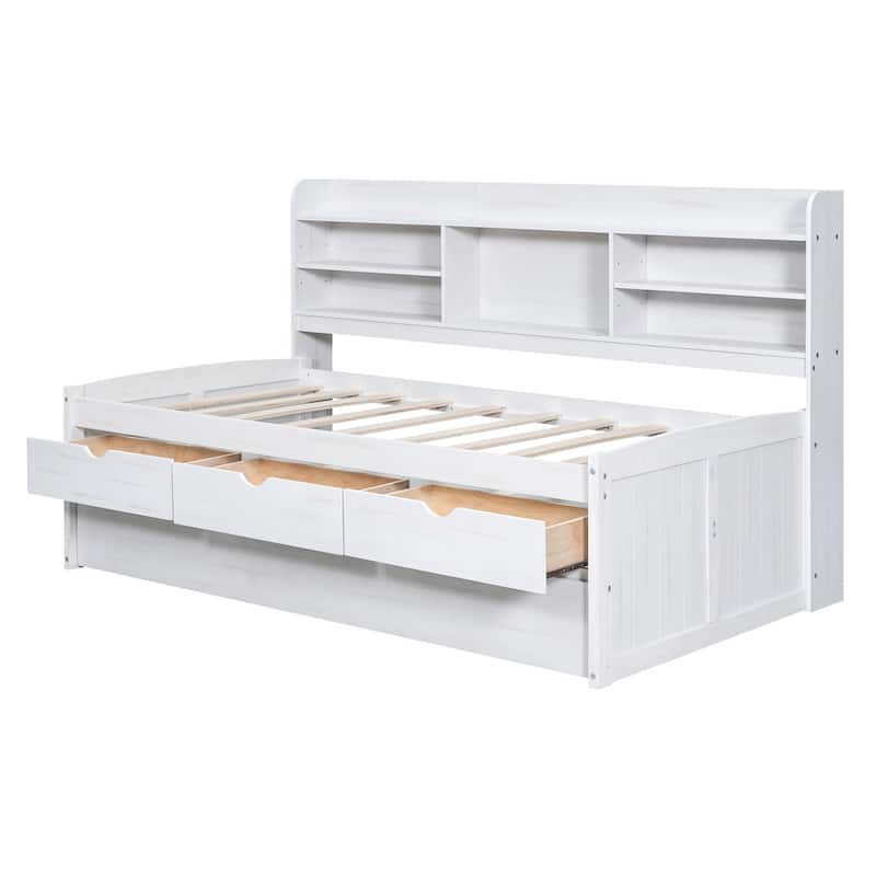 Twin Size Wooden Bed with Built-in Bookshelves,3 Drawers and Trundle
