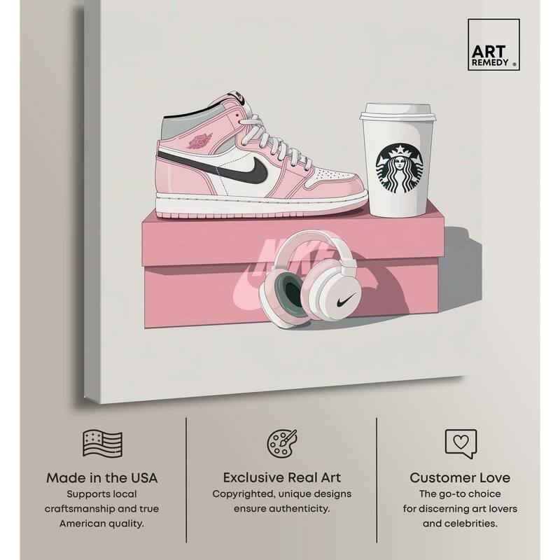 Pink Sneaker and Headphones Canvas by Art Remedy, Gallery Wrapped