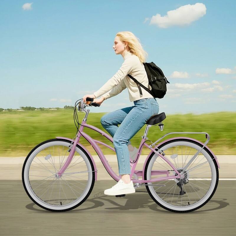 Beach Cruiser Bike for Women and Men, 24/26 Inch 7-Speed Adult Bicycle - 26in - Pink