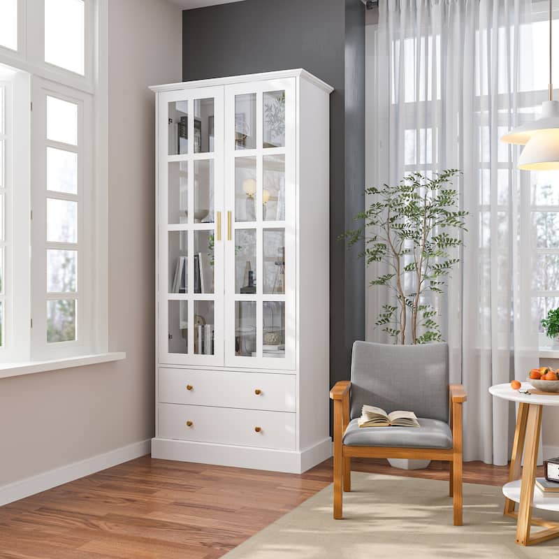 Glass Cabinet 70.1"White Display Curio Storage Cabinet with Glass Door