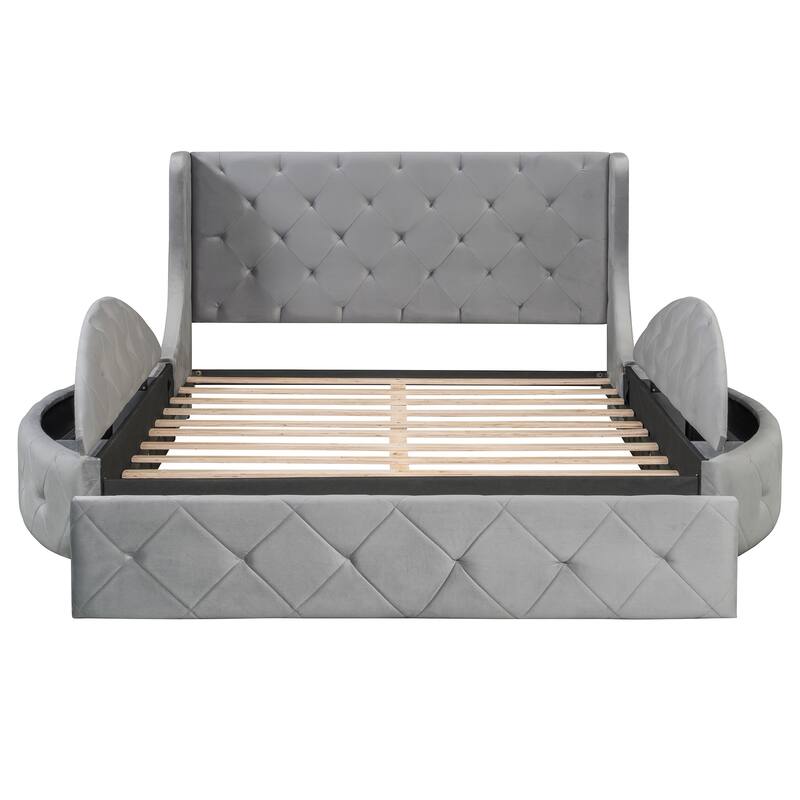 Queen Size Velvet Upholstered Platform Bed with Wingback Headboard, Tufted Design & Hidden Storage Solutions