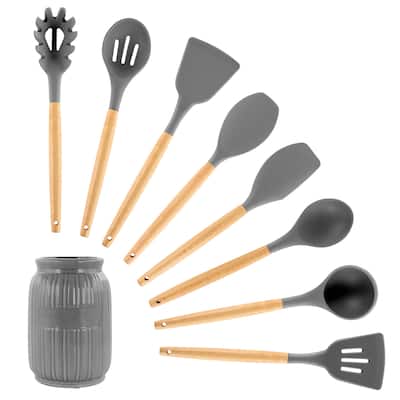MegaChef 9 Piece Gray Silicone and Wood Kitchen Utensil Set