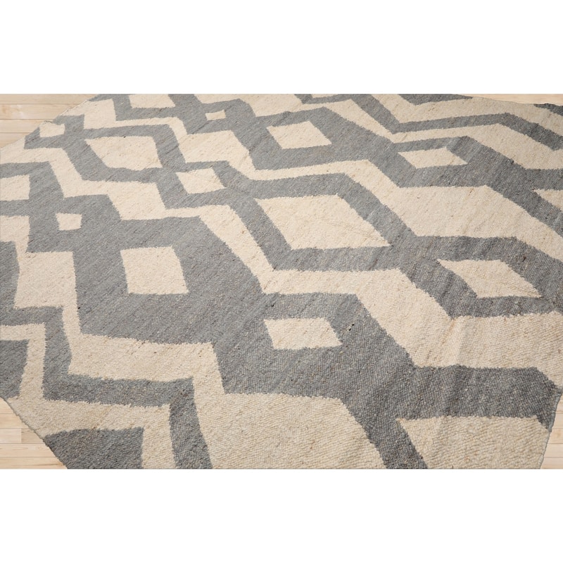 LoomBloom Beige Hand Woven Geometric Flatweave Wool Oriental Area Rug - 9' 4'' x 12'