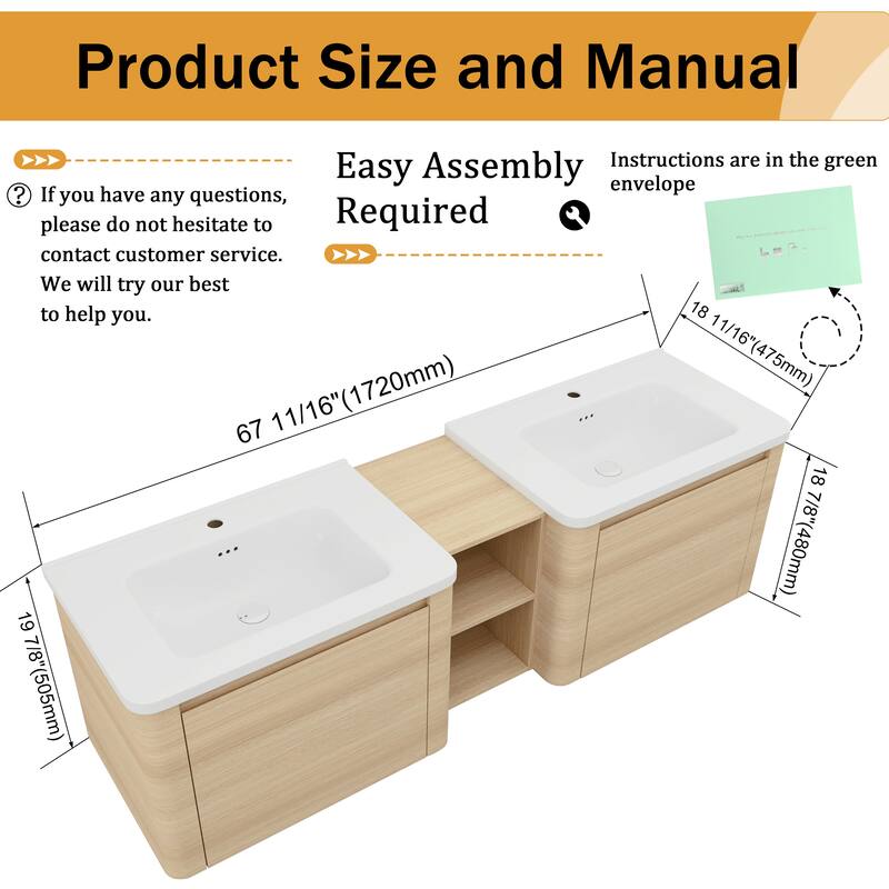 Malwee 28"/40"/52"/68" Floating Bathroom Vanity, Wall Mounted Bathroom Vanity with Ceramic Sink,Soft Close Door and Shelf