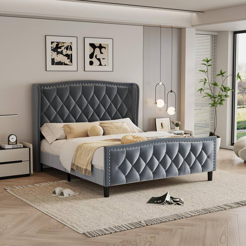 Modern Queen Size Upholstered Platform Bed Frame with Wingback Headboard, No Box Spring Needed, Easy Assembly for Bedroom