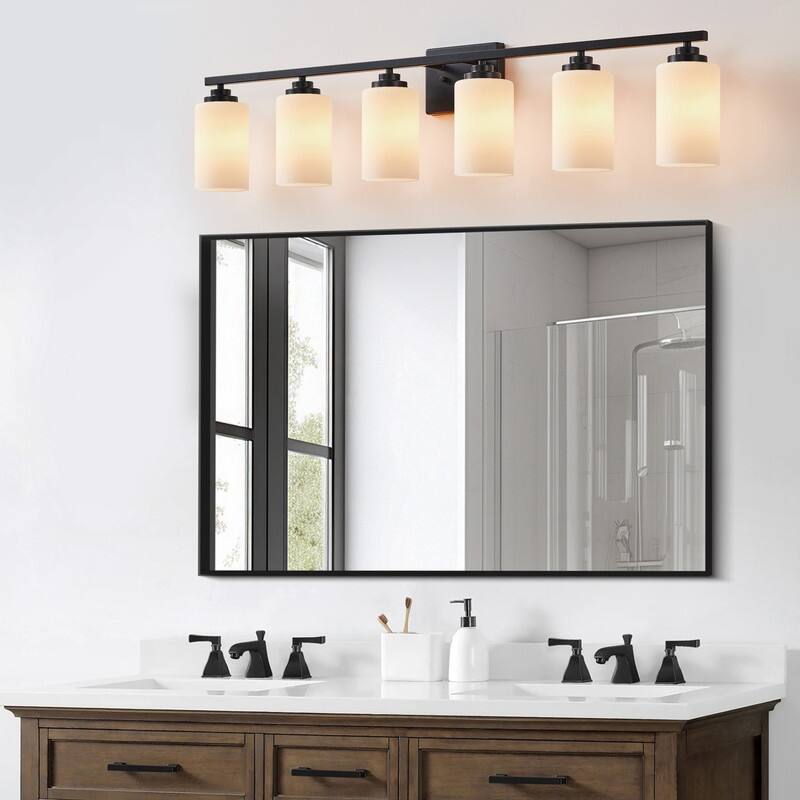 KAWOTI Rive 43" 6-Light Modern Vanity Light with Frosted White Glass