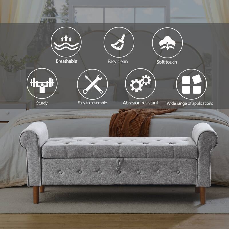 62" Bedroom Tufted Button Storage Bench Linen Upholstered Ottoman