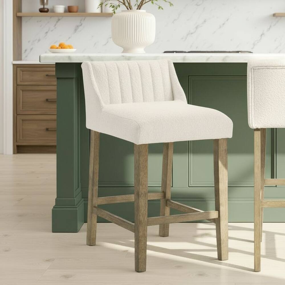 Fauna Low-Back Boucle Bar Stool, Upholstered Counter Height Kitchen Barstool with Wood Legs