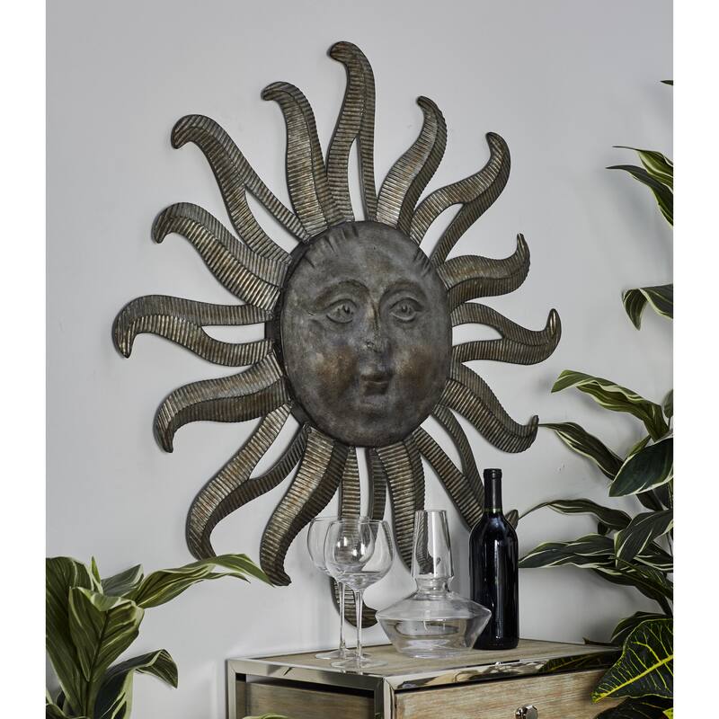 Metal Sun Indoor Outdoor Face Home Wall Decor with Ribbed Detailing - Gray - Roche River Decor