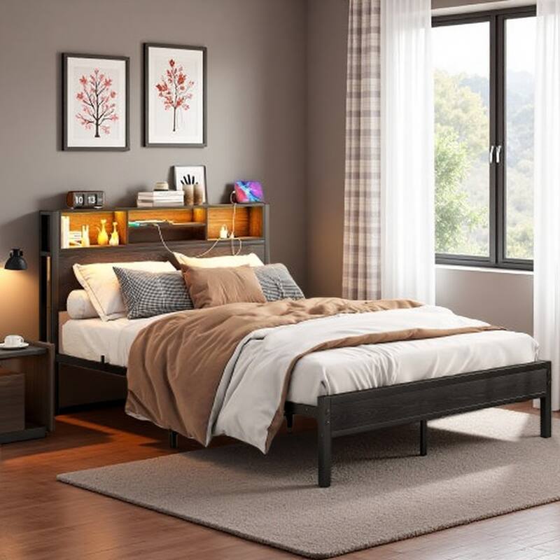 Full Size Metal Platform Bed with Storage Headboard and Charging Station, RGB LED Lighting, Under-Bed Storage, Noise-Free Design - Black