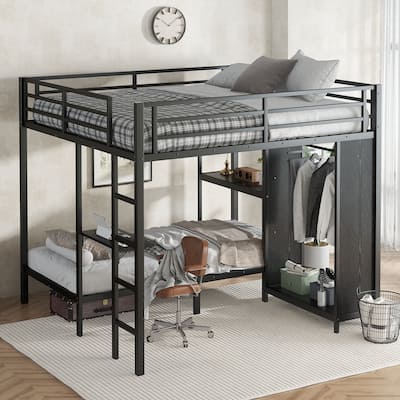 King over Twin XL Size Bunk Bed Frame with Built-in Wardrobe and Foldable Desk, Heavy Duty Metal Bunk Bed, Noise Free