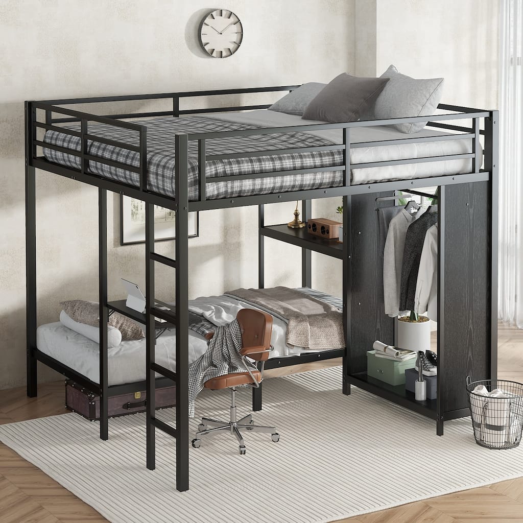King over Twin XL Size Bunk Bed Frame with Built-in Wardrobe and Foldable Desk, Heavy Duty Metal Bunk Bed, Noise Free