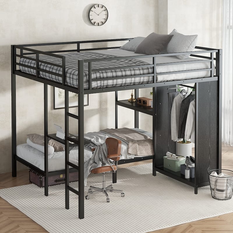 Metal Bunk Bed with Built-in Wardrobe and Foldable Desk, King over Twin XL, Black