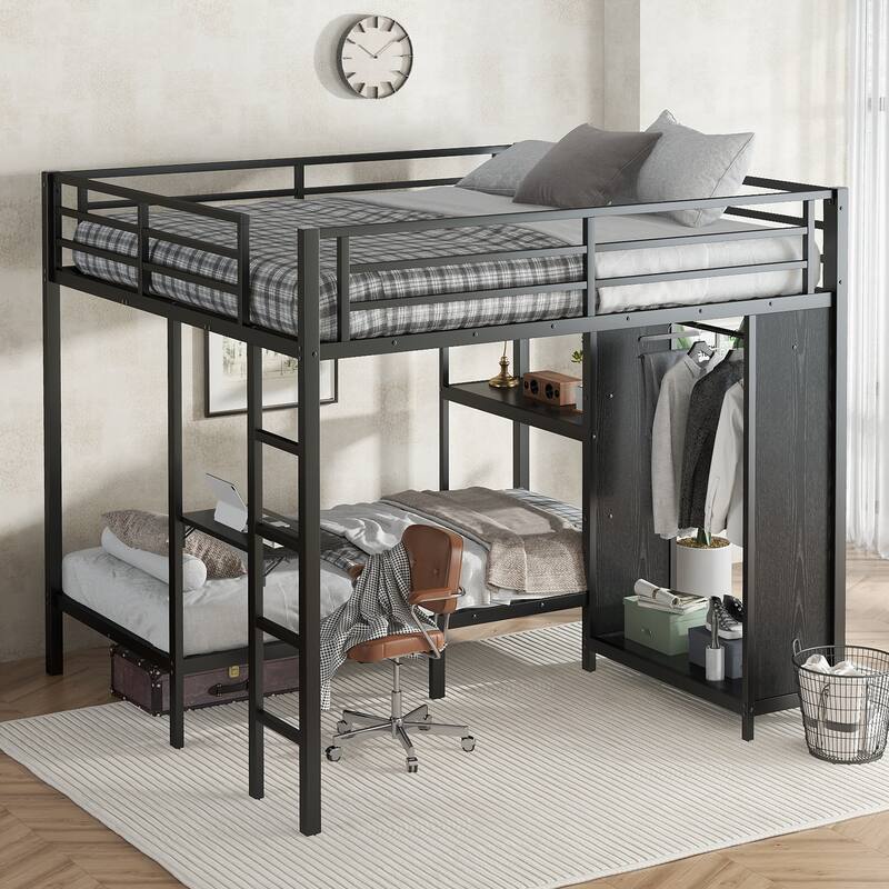 Roomfitters King over Twin XL Metal Bunk Bed with Built-in Wardrobe, Foldable Desk & Storage Space, Heavy-Duty Frame, Black