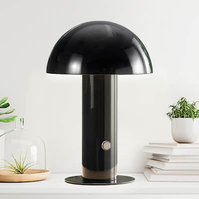 Porcini 10.75" Contemporary Bohemian Rechargeable/Cordless Iron Integrated LED Mushroom Table Lamp, by JONATHAN Y