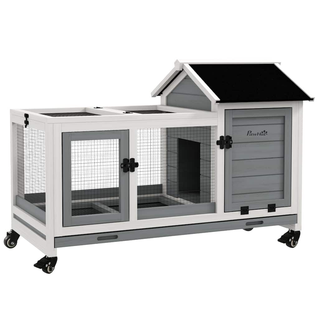 PawHut Indoor Outdoor Wooden Rabbit Hutch with Wheels, Large Bunny Hutch with Run & Slide-Out Tray for Small Animals