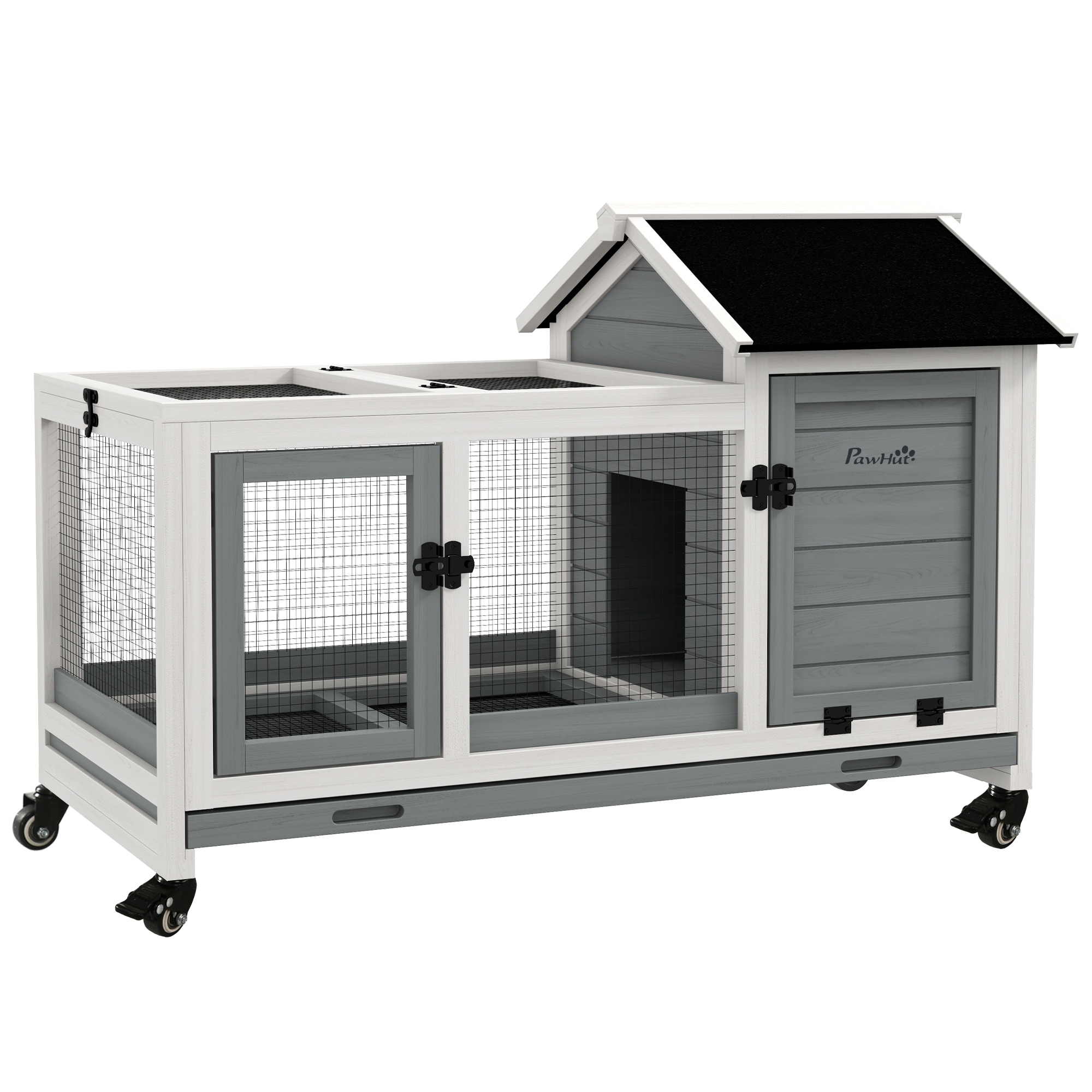 PawHut Indoor Outdoor Wooden Rabbit Hutch with Wheels, Large Bunny Hutch with Run & Slide-Out Tray for Small Animals