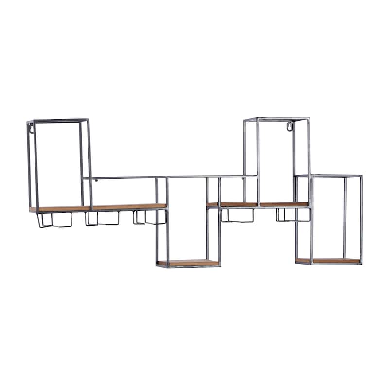 Metal Geometric 7 Bottle Wall Wine Rack with 5 Glass Holder Slots - Black - Roche River Decor - 6"W x 36"L x 16"H