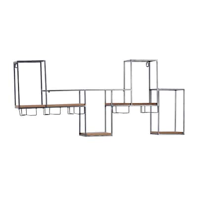 Metal Geometric 7 Bottle Wall Wine Rack with 5 Glass Holder Slots - Black - Roche River Decor - 6"W x 36"L x 16"H