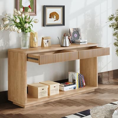 60" Modern 2-Drawer Fluted Console Table Natural Wood Veneer Sofa Table Behind Couch Table for Living Room, Hallway, Entryway