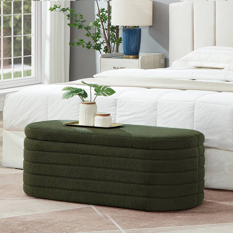 Modern Oval Storage Ottoman Bench,Boucle Teddy Fabric End of Bed Bench with Storage,End of Bed Stool with Safety Hinge - Dark Green