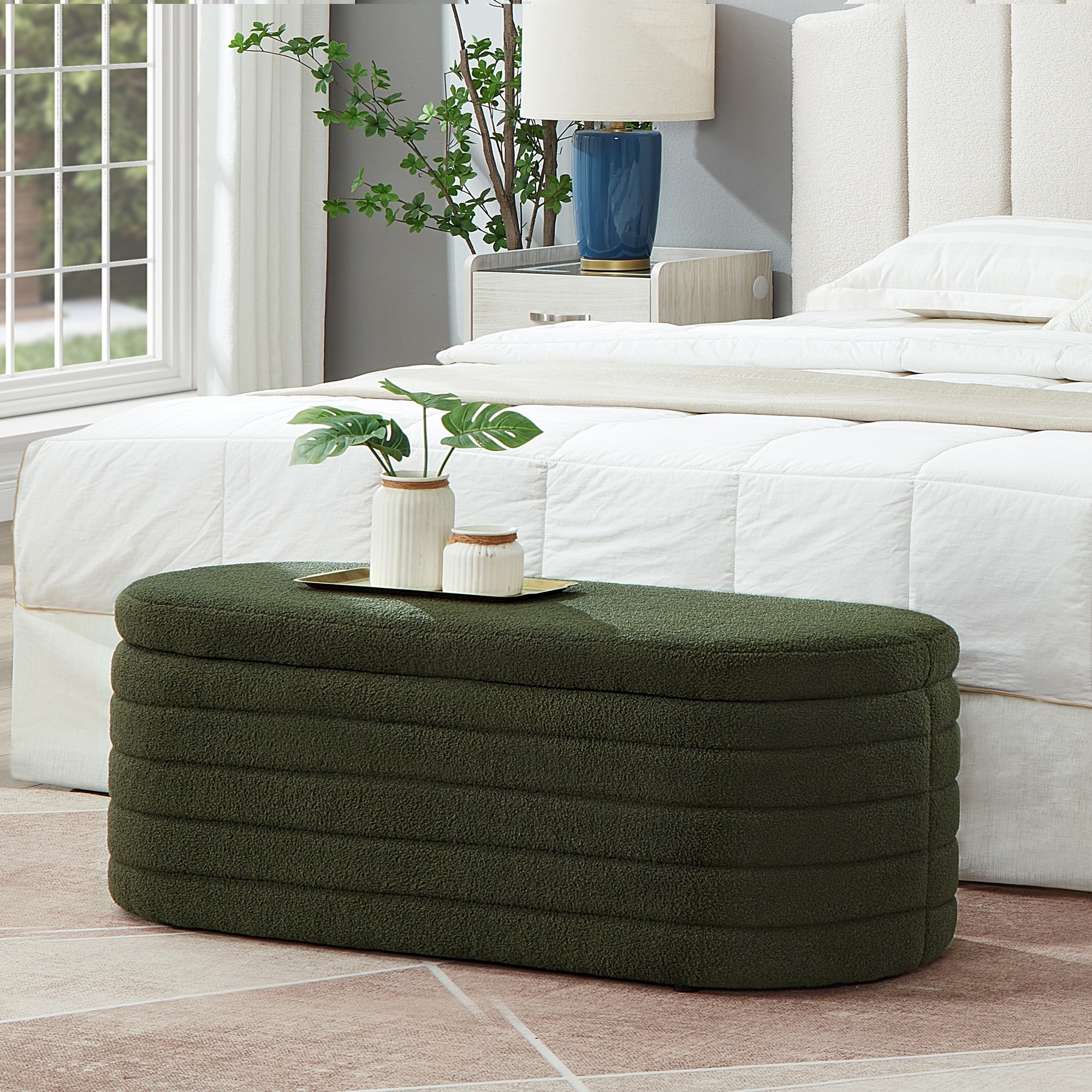 Modern Oval Storage Ottoman Bench Dark Green Boucle Teddy Fabric for Bedroom Living Room Large