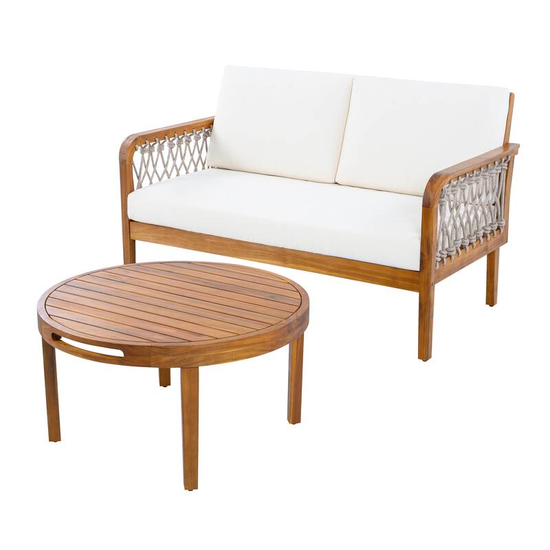 Christopher Knight Home - Outdoor Acacia Wood Loveseat and Coffee Table Set with Handwoven Rope - Loveseat + Table - Teak Finish+Oatmeal Rope+Cream Cushion