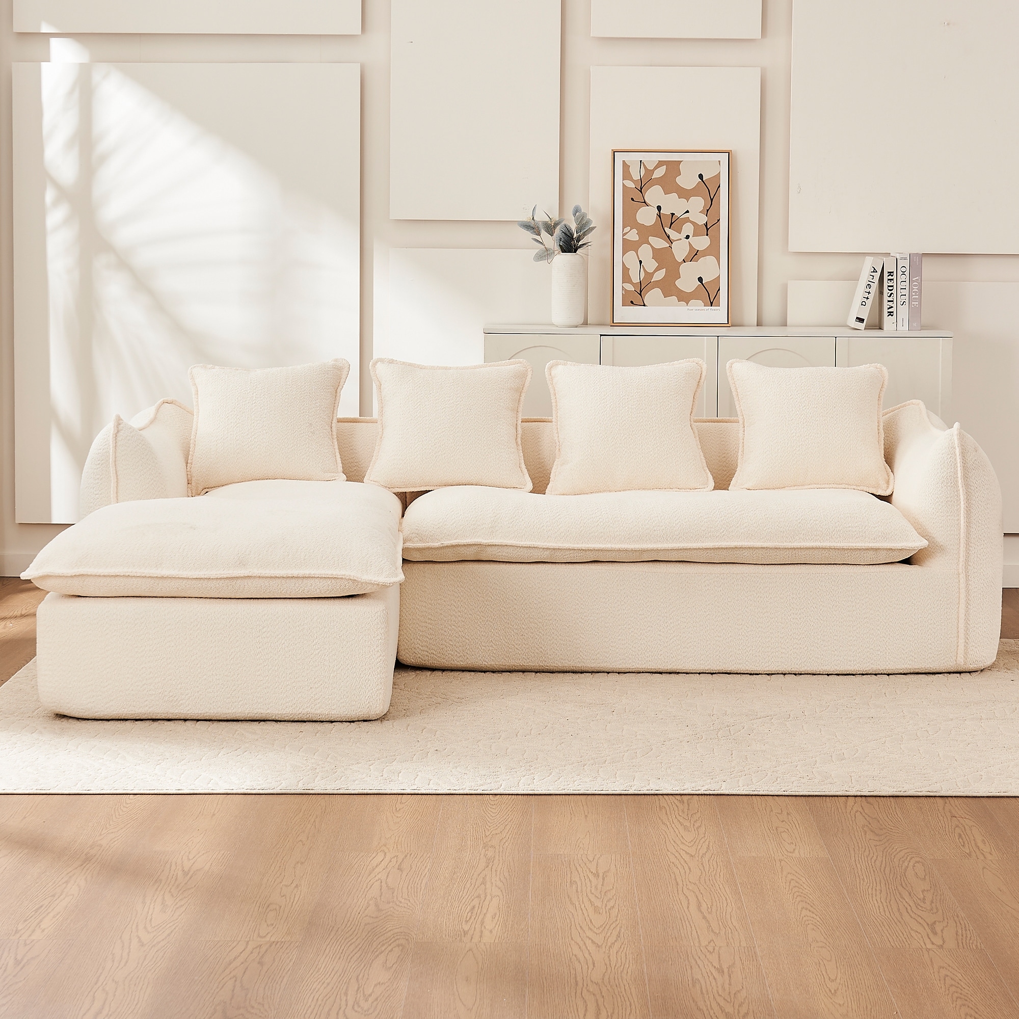 Living Room Beige Chaise Longue L-Shape Corner Sectional Sofa