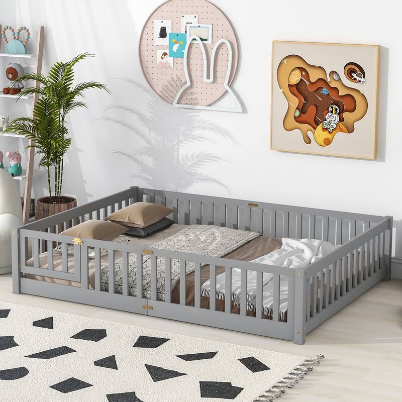 Floor Platform Bed with Fence Guardrails and Door - Grey