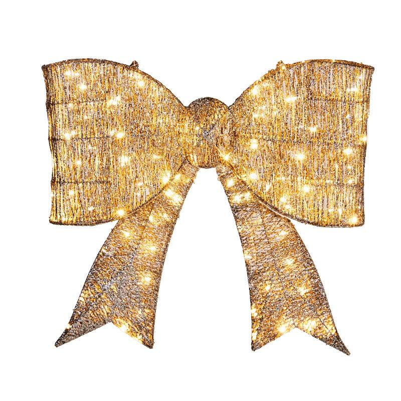 Pre-lit Outdoor Giant Bowknot Christmas Decoration with 124 Warm White LED Lights for Front Door Gate Wall - Gold