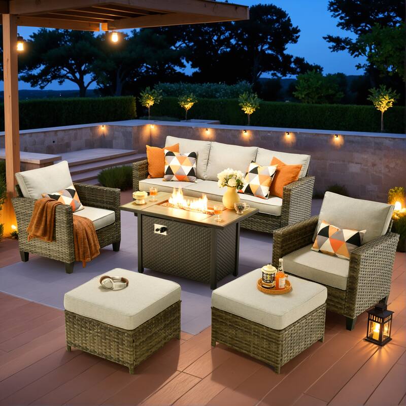 OVIOS 6-piece Patio Wicker Conversation Furniture Set With Fire Pit - Light Grey