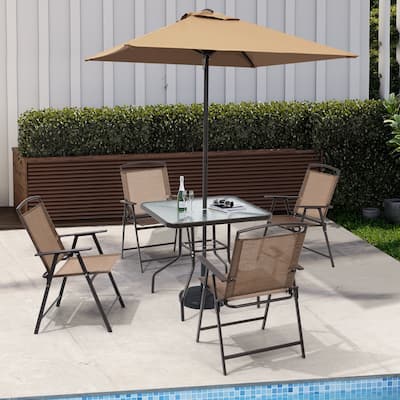 6 PCS Outdoor Patio Dining Set with 4 Folding Chairs, Glass Table Umbrella without Base - See the details