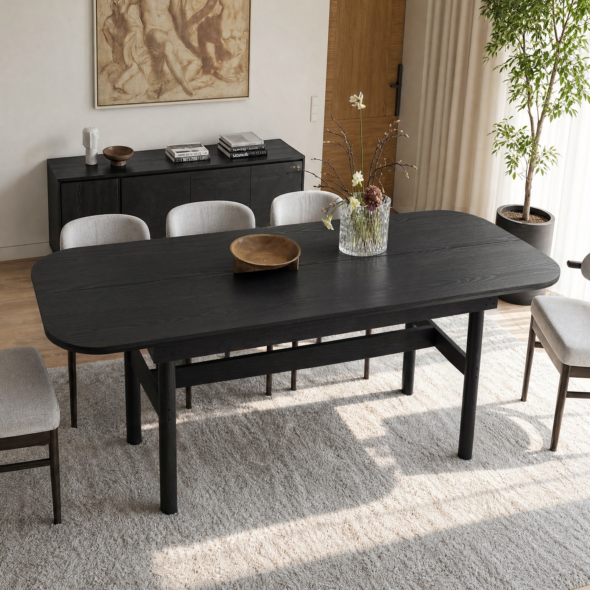 83.9" Modern Black Solid Wood Dining Table, Large Oval Rectangle Kitchen Table with Rubberwood Legs
