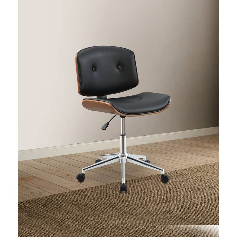 Leather & Wood No Arm Office Chair Adjustable Height Computer Chair
