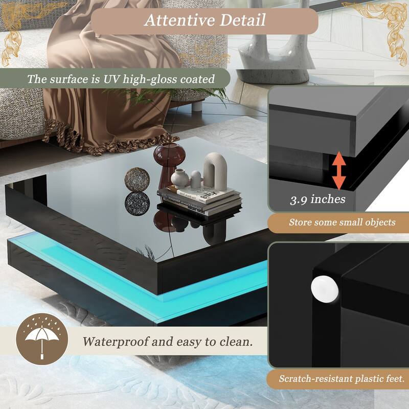 Fashion Simple Coffee Table 2 Tier Square Coffee Table with LED Light Anti-Scratch Plastic Feet, for Living Room