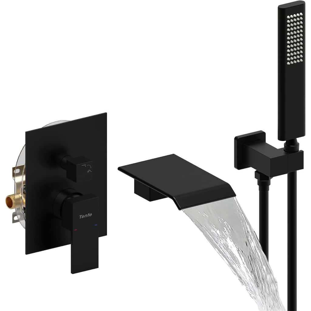 Wall Mounted Tub Faucet with Handheld Shower Waterfall Tub Filler Single Hnadle Bathtub Faucet Matte Black