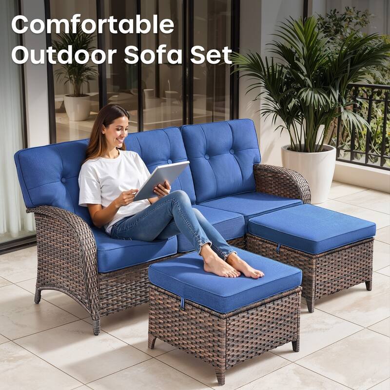 Gymojoy 3-Piece Outdoor Wicker Patio Furniture Set, 5" Thick Cushioned Rattan Sofa with Ottomans