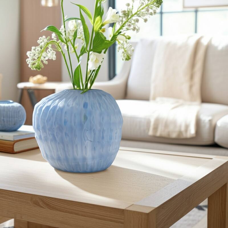 Glass Vase Ribbed Abstract Pattern for Flower Arrangement Home Decor - 11.75" x 10.25" x 10.5"