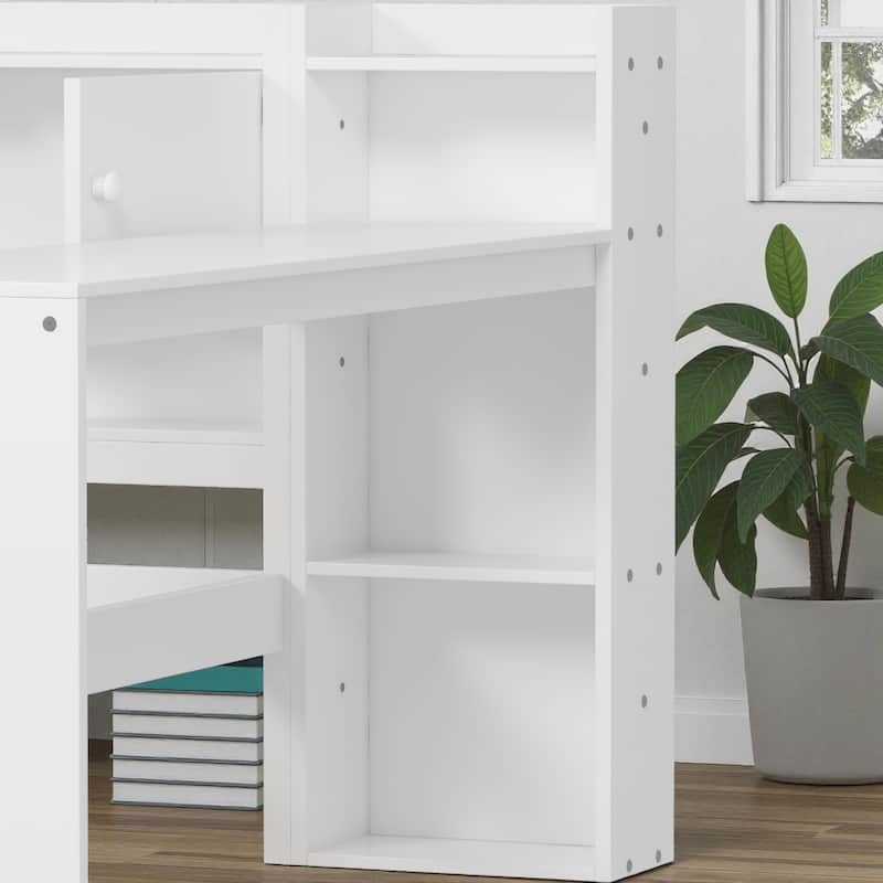 Wooden L-Shaped Daybed with Study Desk, Bookshelf, 7 Storage Cabinets and 2 Drawers, Multi-Functional Space-Saving Bed