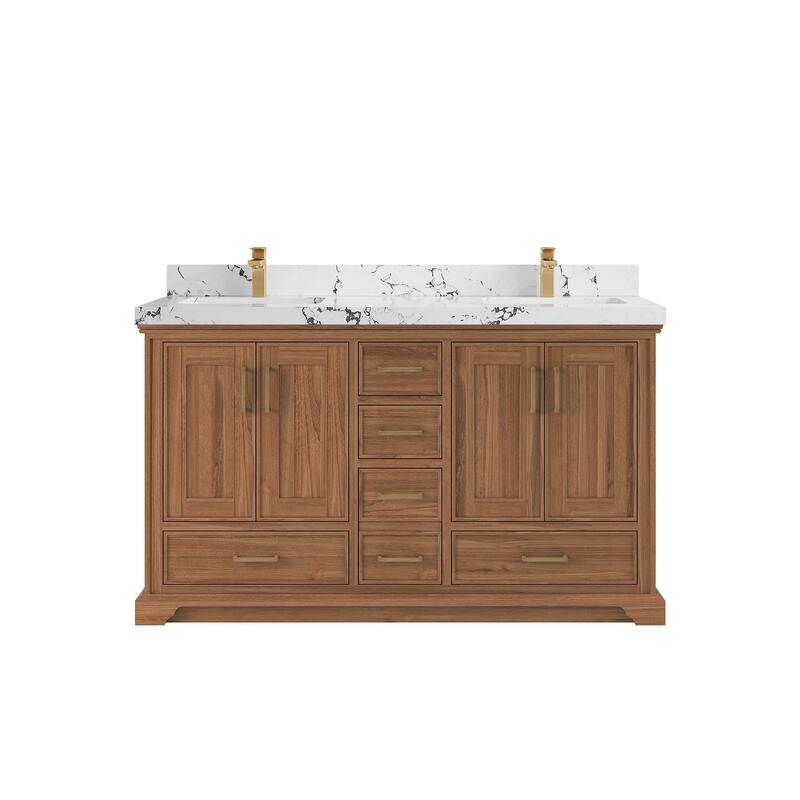 Willow Collections 60 in. W x 22 in. D Charlotte Teak Double Sink Bathroom Solid Teak Vanity with Countertop - 2"Viola Night - Dark Natural