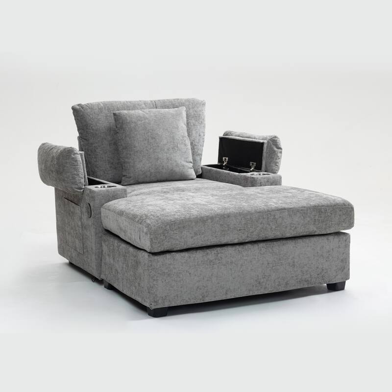 GDFStudio - Ethan Blake Oversized Chenille Chair Bed with Ottoman, Storage & USB Charging for Lounge & Apartment Living