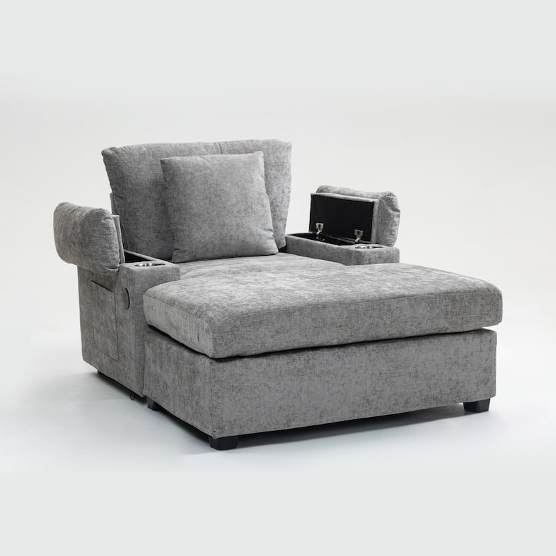 Oversized Chenille Sofa Chair with Ottoman Sleeper Sofa with Cupholders/USB Charging Ports