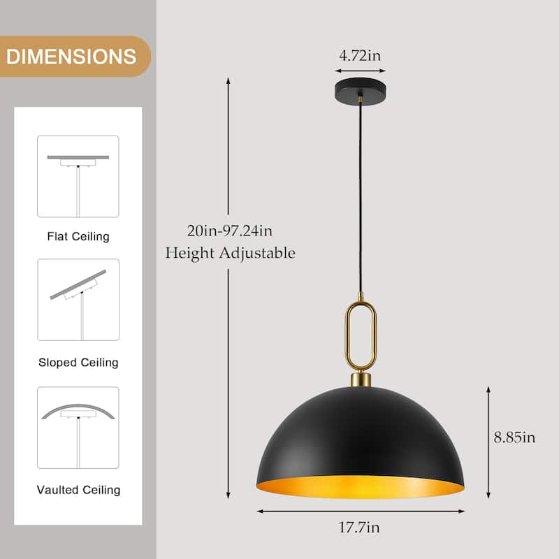 1-Light Industrial Metal Dome Pendant with Golden Ring Accent
