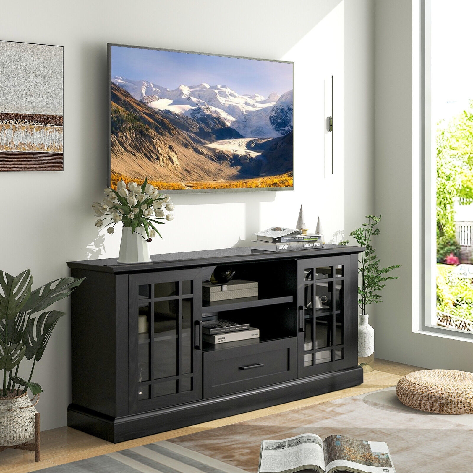 TV Stand for TVs up to 70 with Glass Doors Cubbies and Drawer 63 x 16 x 30 On Sale Bed Bath Beyond 37433092