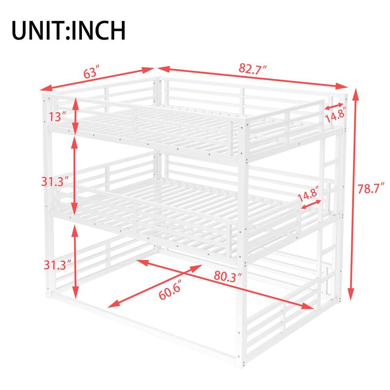 Roomfitters Twin/Full/Queen Metal Triple Bunk Bed with Safety Guardrails, Heavy-Duty Noise-Reduced Frame, White