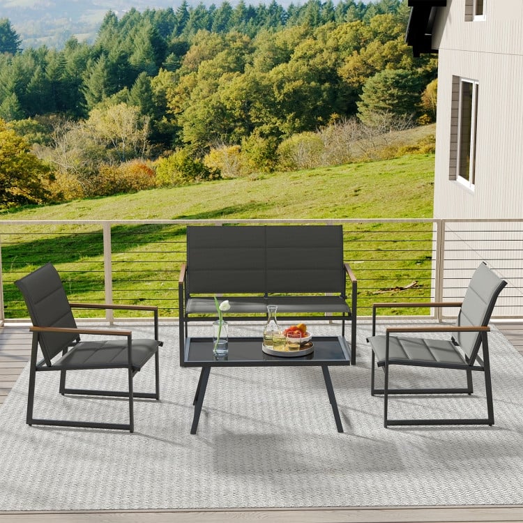 4 Piece Grey Metal Fabric Conversation Patio Set with Glass Table and WPC Armrests - Loveseat: 28" x 26" x 33"